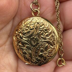 Vintage Victorian Gold Filled Round Locket Necklace Floral Engraved Gift for Her